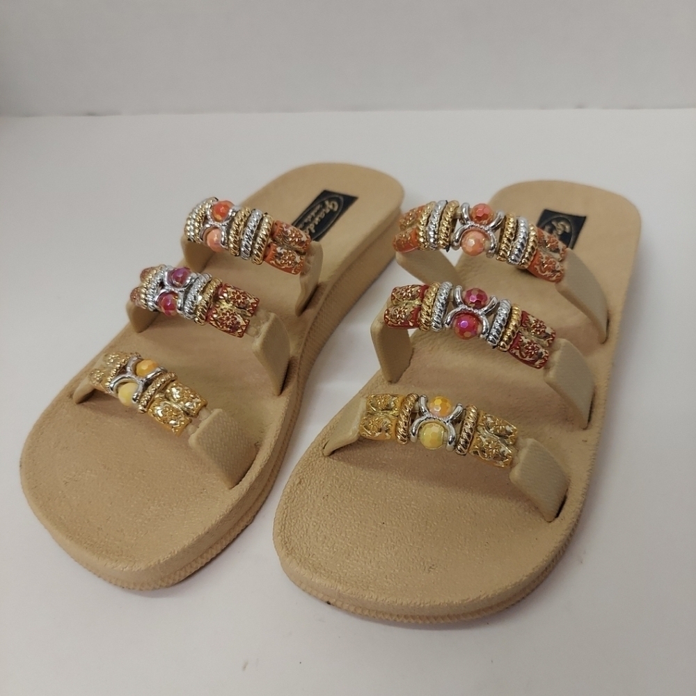 Grandco Sandals Slide Bling Color Beads Boho Dressy Flip Flops Beach Pool Sz 6 - Picture 1 of 10